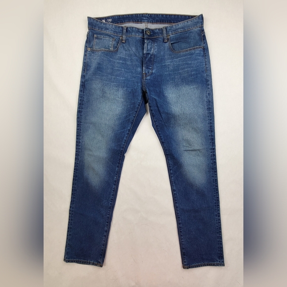 G Star Raw Jeans Mens 35x32 Blue 3301 Tapered Button Fly Denim Pants Washed Out - Picture 1 of 10